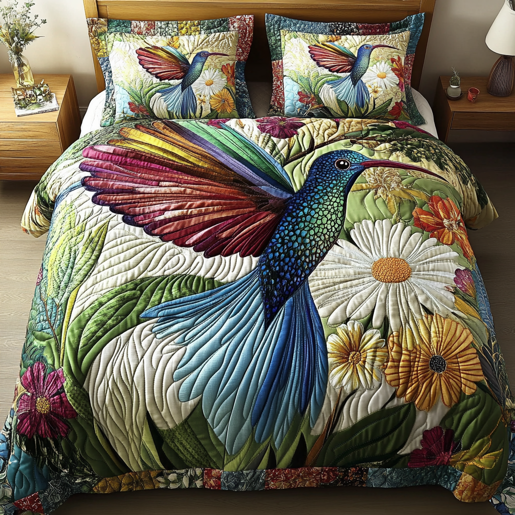 Radiant Wings Quilted Bedding Set Holiday Duvet Cover Set Best Gifts For Hummingbird Lovers