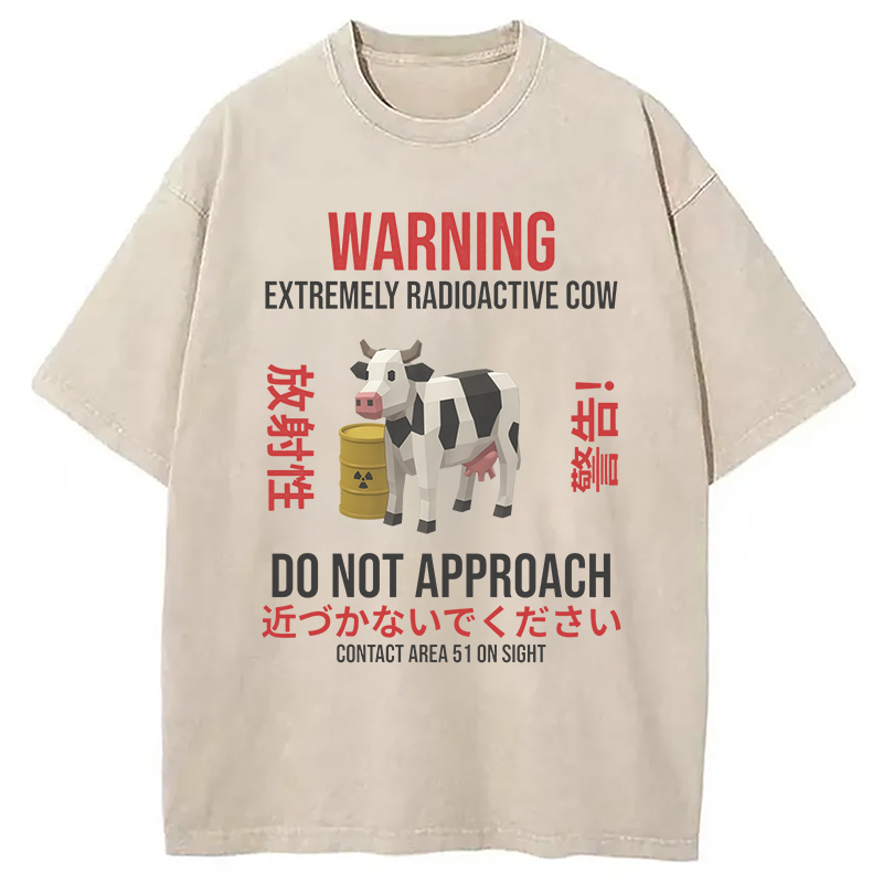 Radioactive Cow Warning Washed T-Shirt Classic Graphic Fashion Tee Gifts For BFF