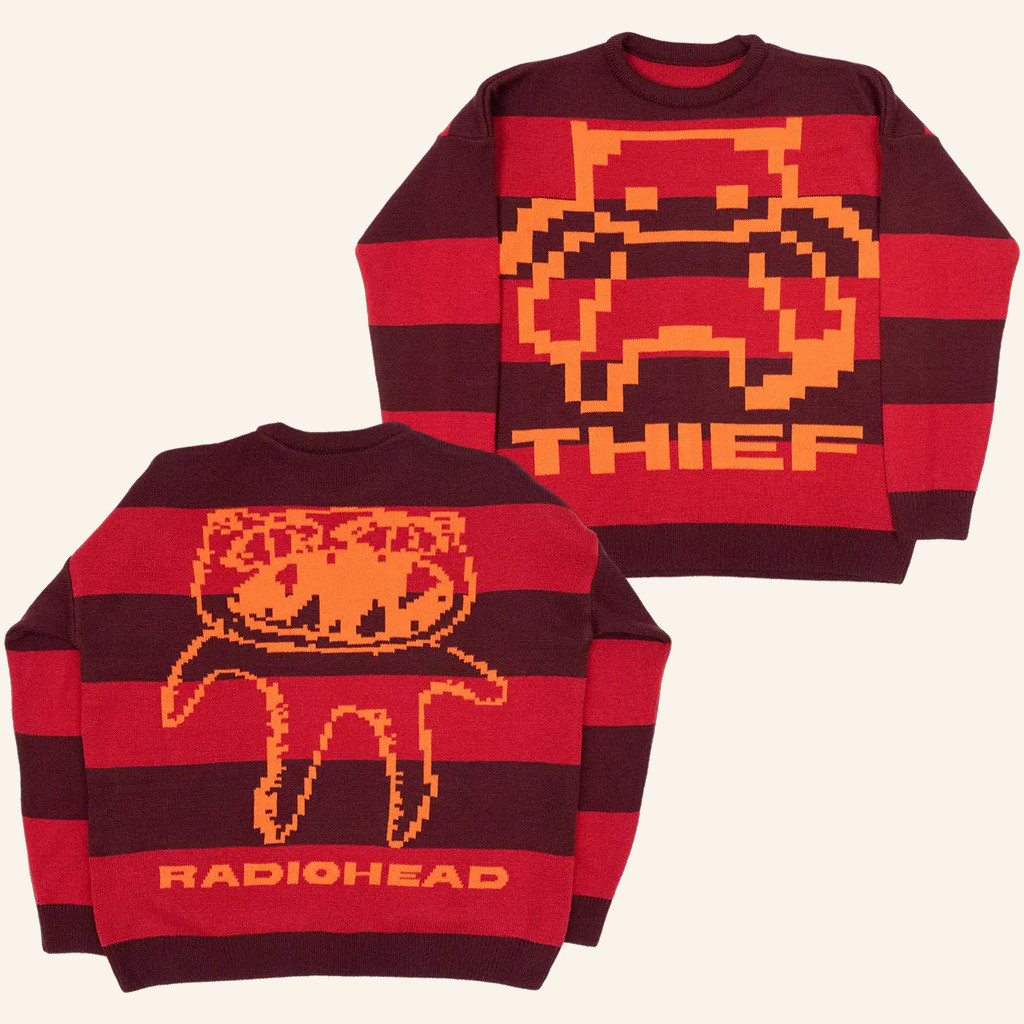 Radiohead Merch Pixel Bear Thief Red Striped Sweater Christmas Gifts For Rock Music Lovers Radiohead Merch Pixel Bear Thief Red Striped Sweater Christmas Gifts For Rock Music Lovers