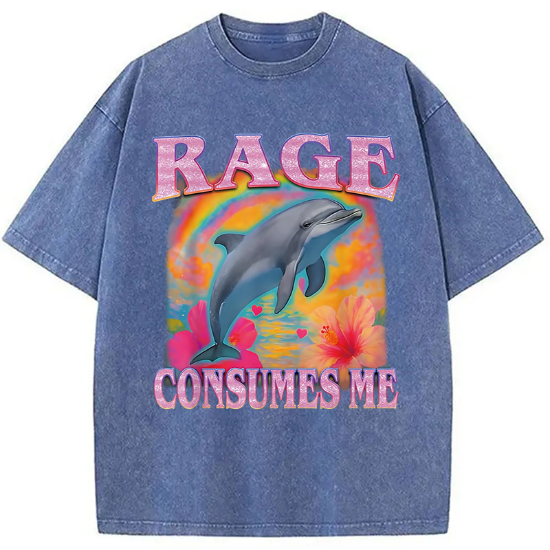 Rage Consumes Me Dolphin Meme Washed T-Shirt Trendy Aesthetic Graphic Apparel Gifts For Her