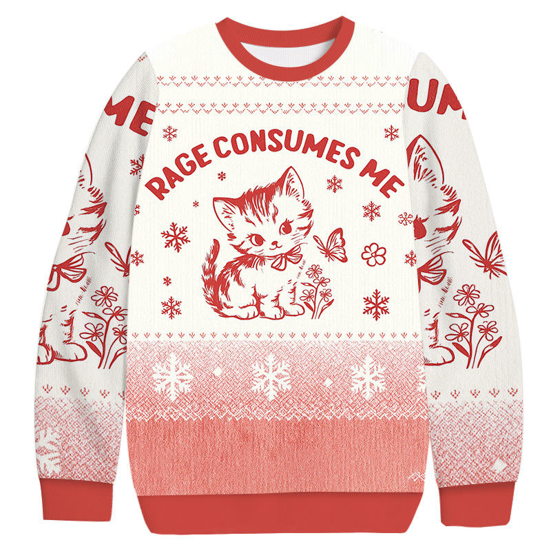 Rage Consumes Me Pink Cat Christmas Ugly Sweatshirt Holiday Lounge Wear Top Gift Ideas