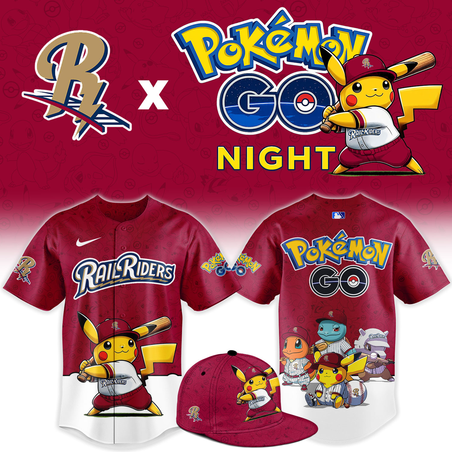 RailRiders x Pokemon Go Night Baseball Jersey Baseball Clothes Best Gift For Boyfriend