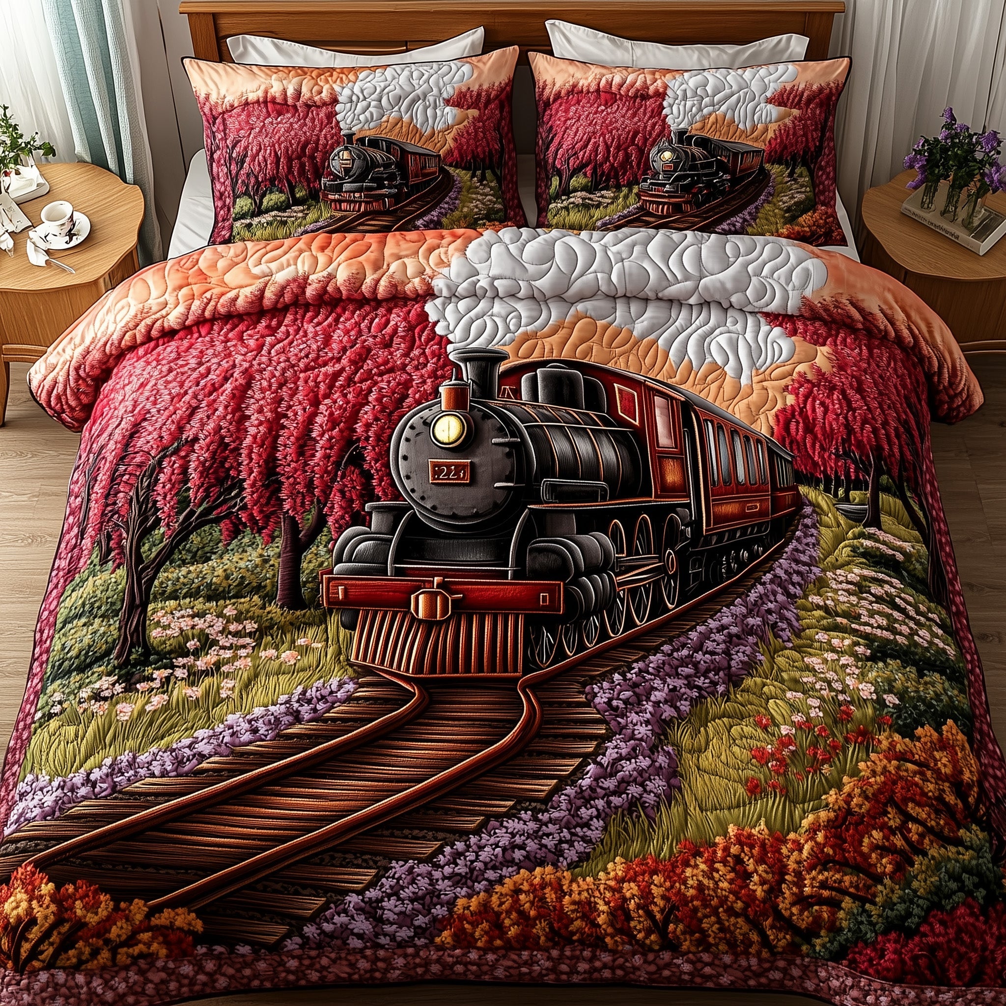 Railway Journey Quilted Bedding Set Duvet Cover Merchandise Best Gifts For Train Lovers