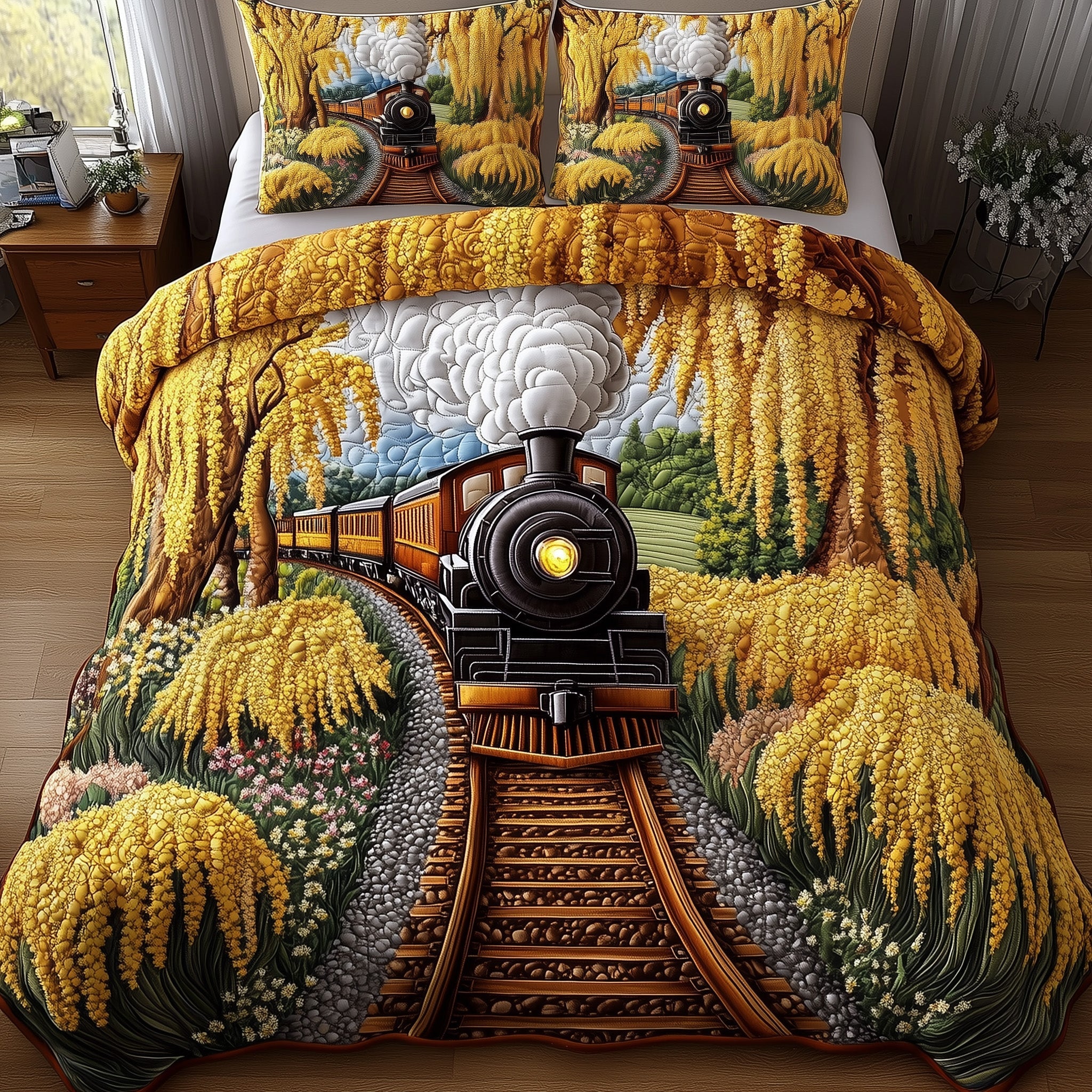 Railway Journey Quilted Bedding Set Duvet Cover Merchandise Cool Train Gifts