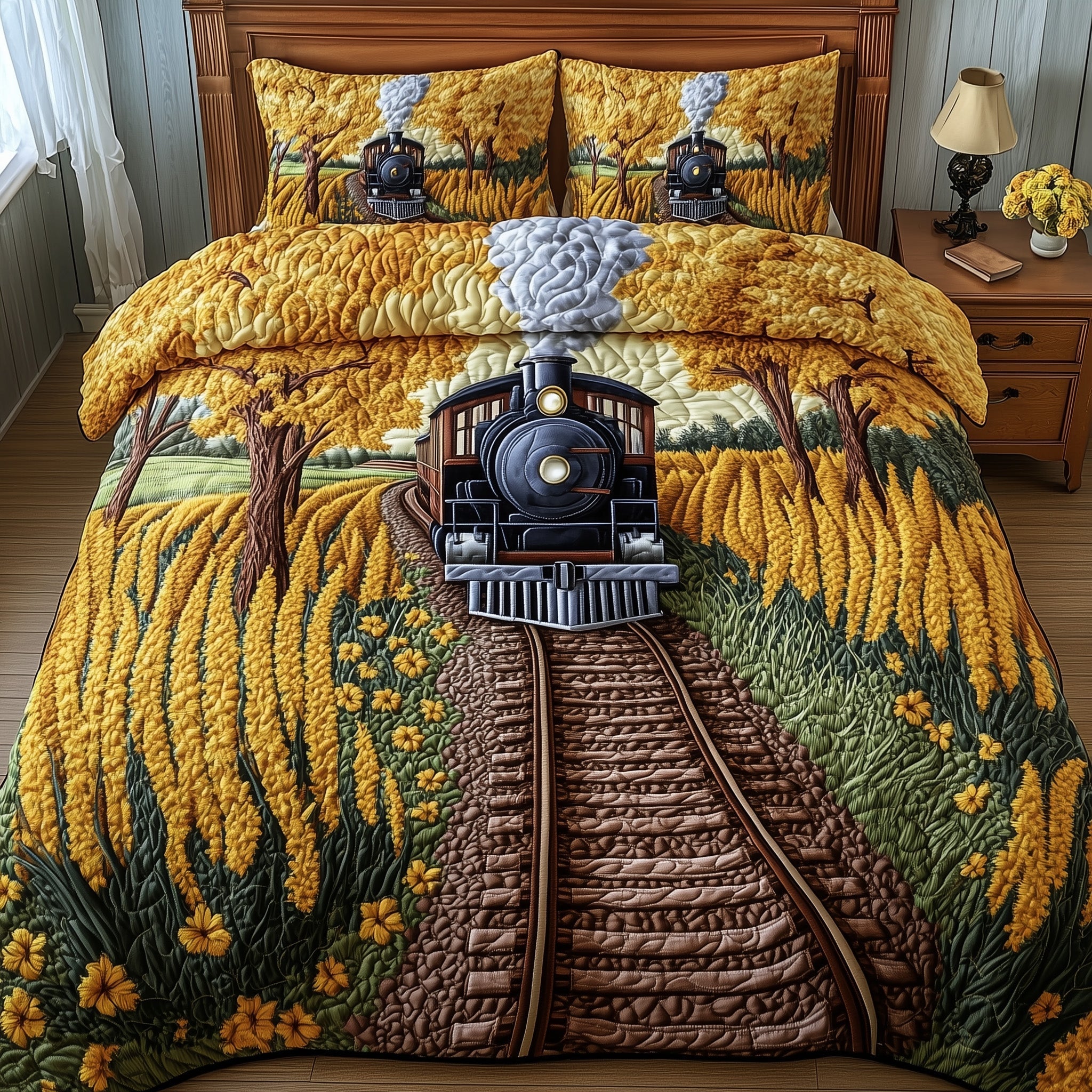 Railway Journey Quilted Bedding Set Duvet Cover Merchandise Gifts For Train Lovers Adults