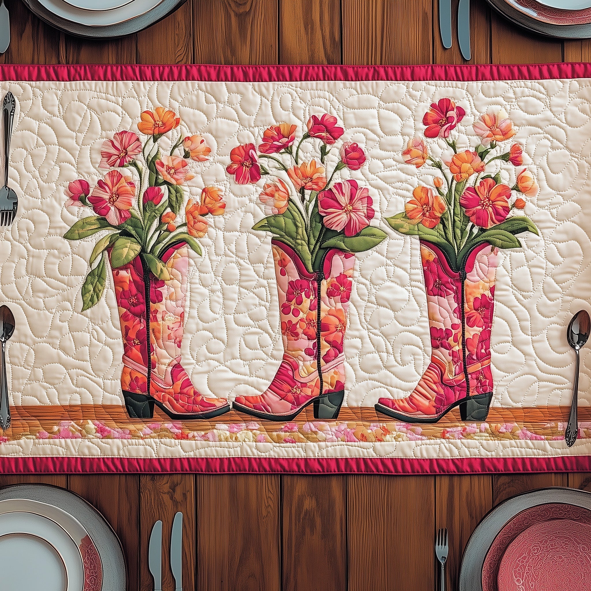 Rainboot Blossoms Quilted Table Runner Festive Table Runner for Dining Table