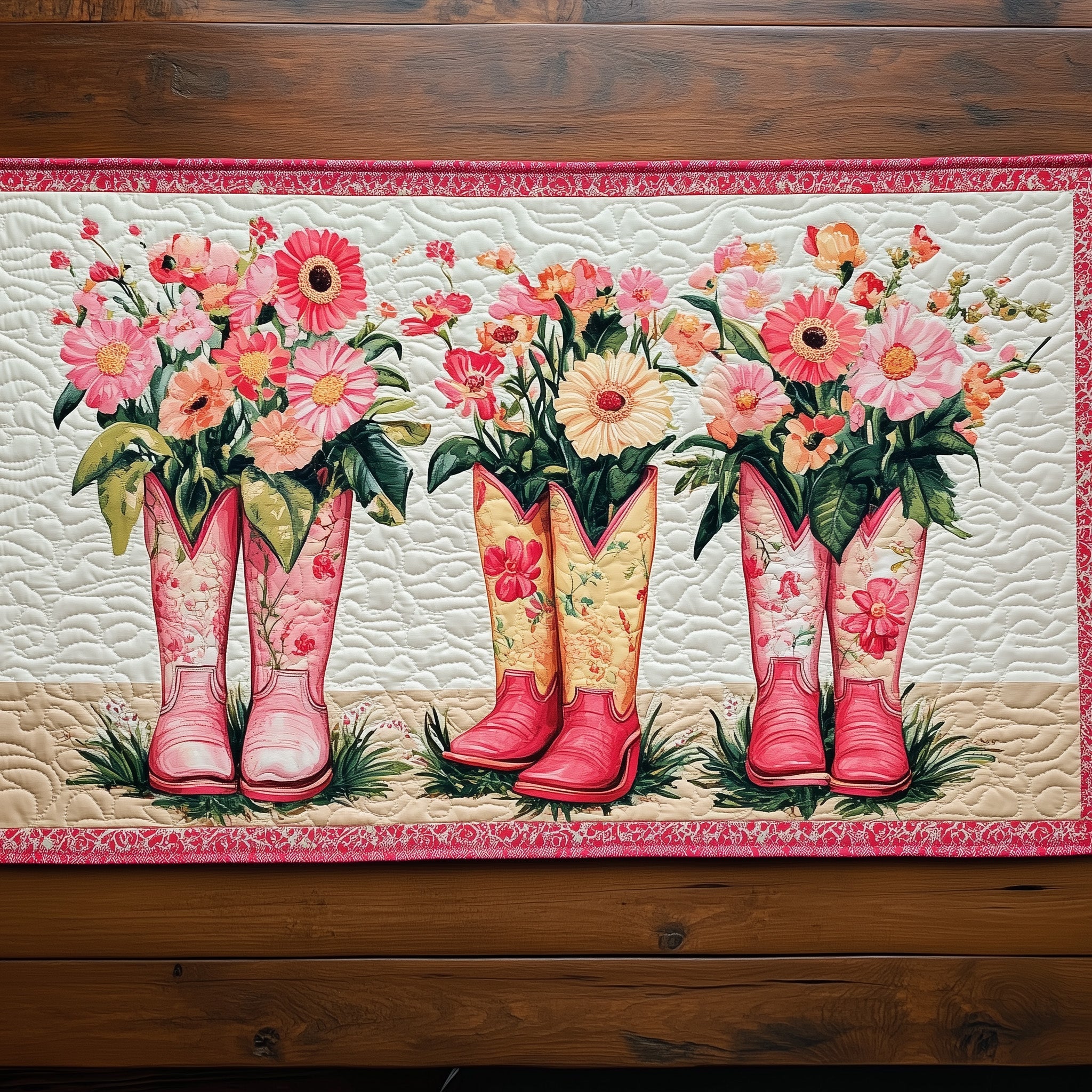 Rainboot Blossoms Quilted Table Runner Table Runner for Christmas Decor