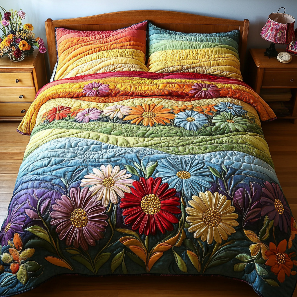 Rainbow Bloom Quilted Bedding Set Bedroom Decor Ideas Daisy Plant Gifts