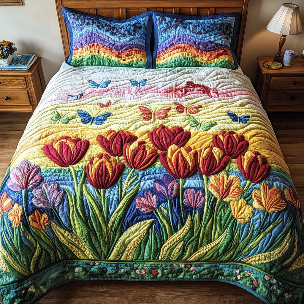 Rainbow Bloom Quilted Bedding Set Christmas Duvet Sets Butterfly Gift Ideas For Her