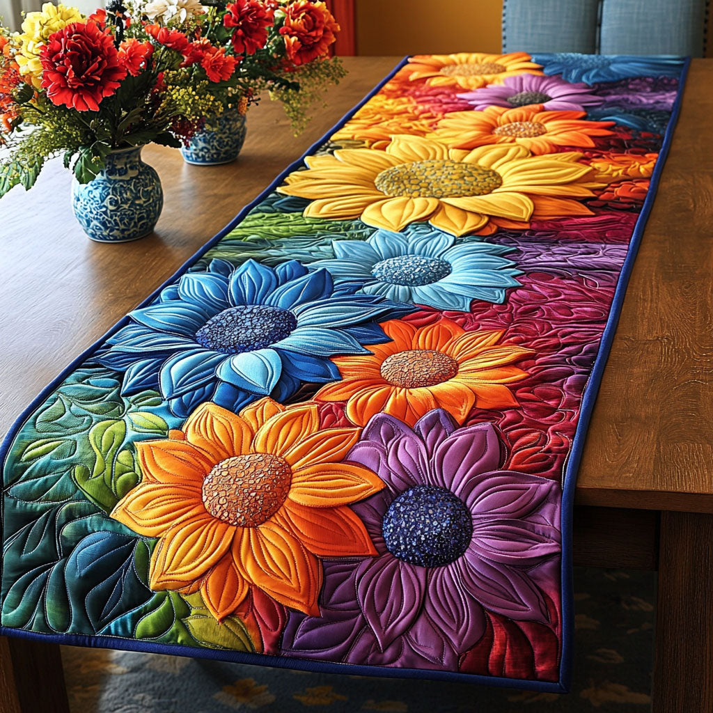 Rainbow Blooms Quilted Table Runner Kitchen Table Decor Ideas Sunflower Theme Gifts