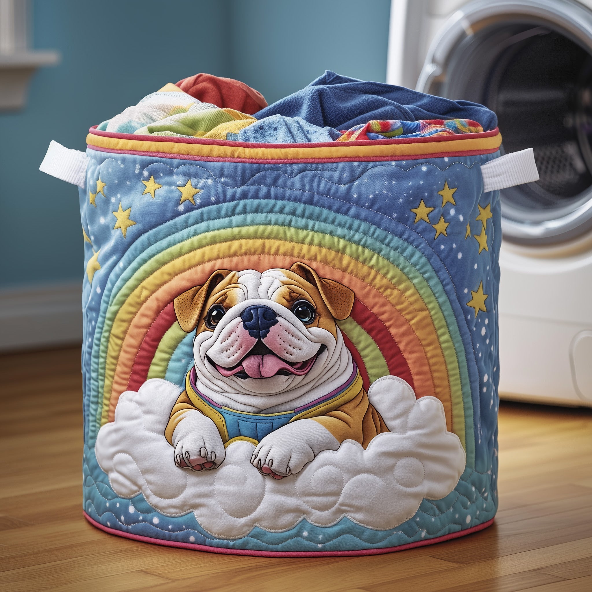 Rainbow Bulldog Quilted Laundry Basket Unique Dog Presents