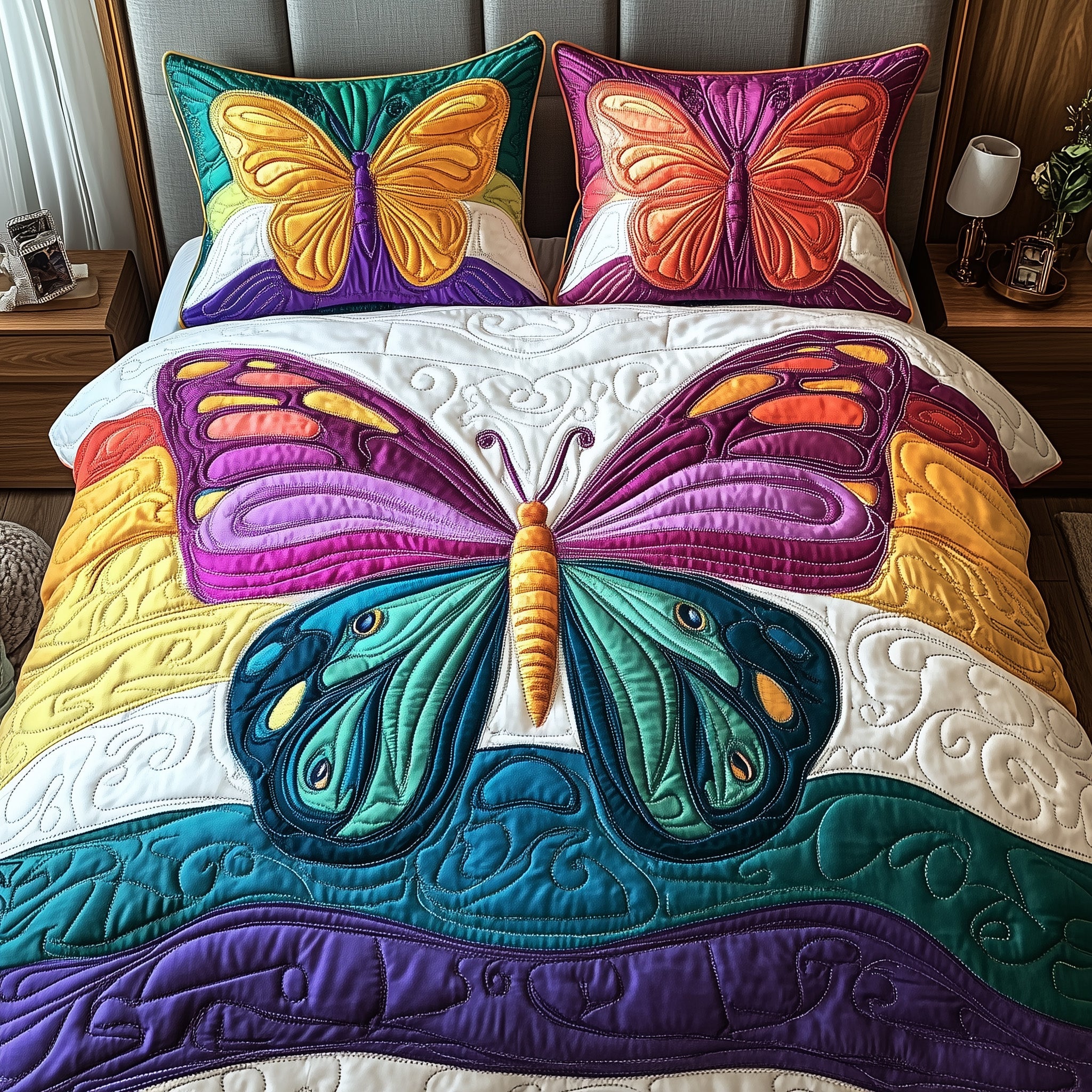 Rainbow Butterfly Quilted Bedding Set Duvet Cover Bed Sheet Butterfly Christmas Gifts