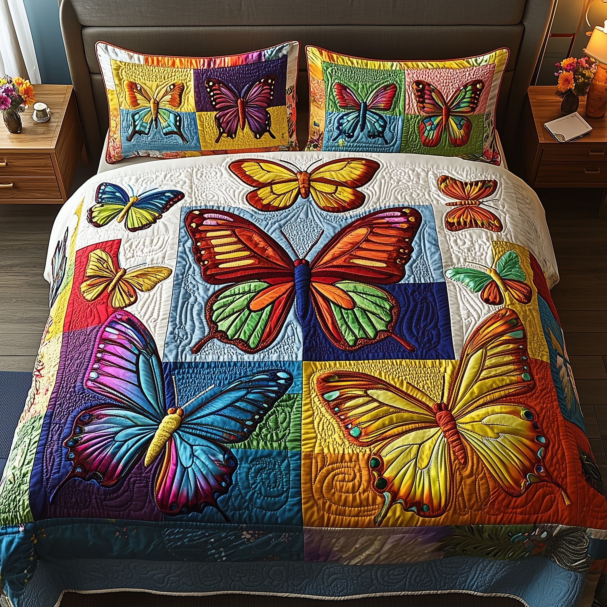 Rainbow Butterfly Quilted Bedding Set Duvet Cover Bed Sheet Presents For Butterfly Lovers Women