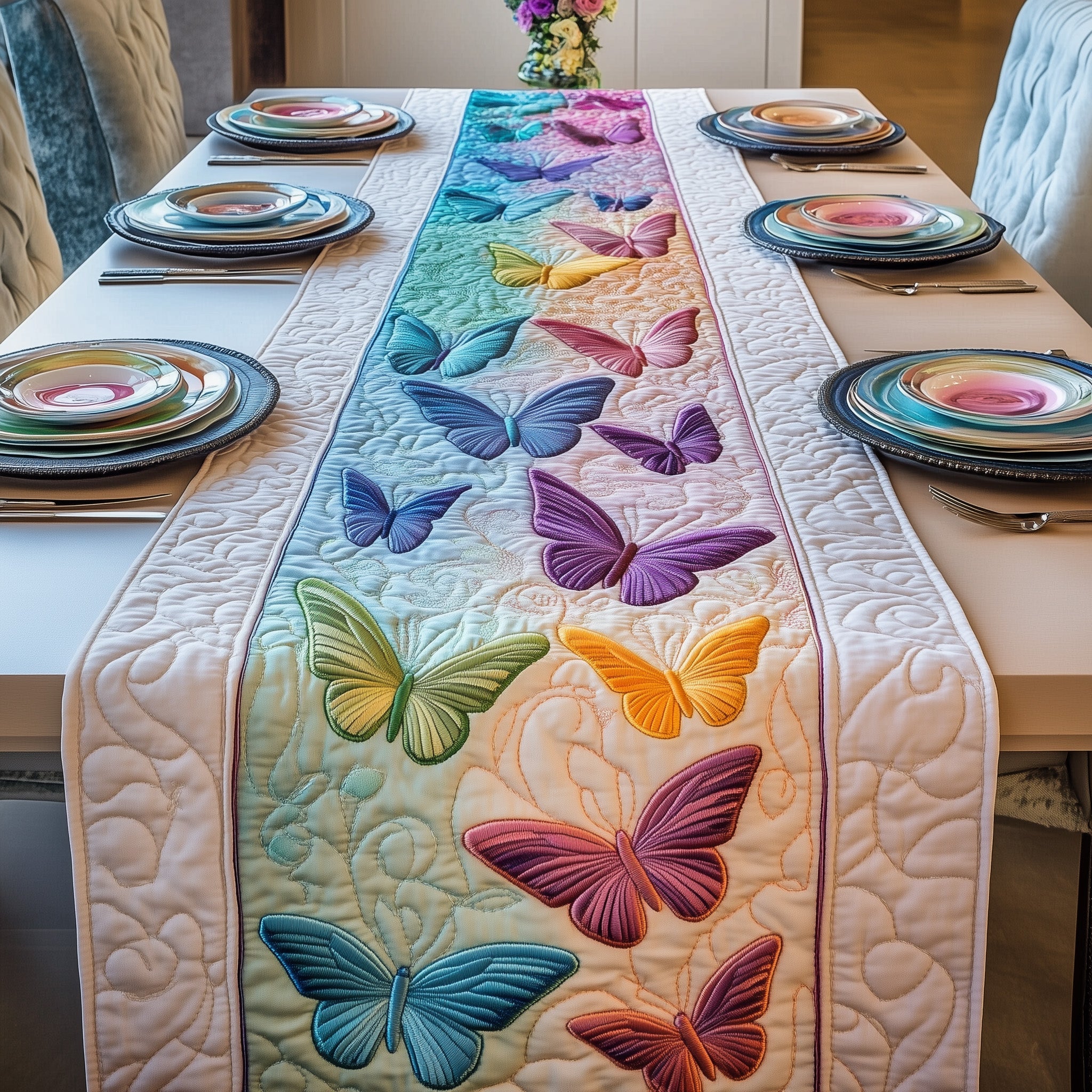 Rainbow Butterfly Quilted Table Runner Christmas Dining Room Table Runner