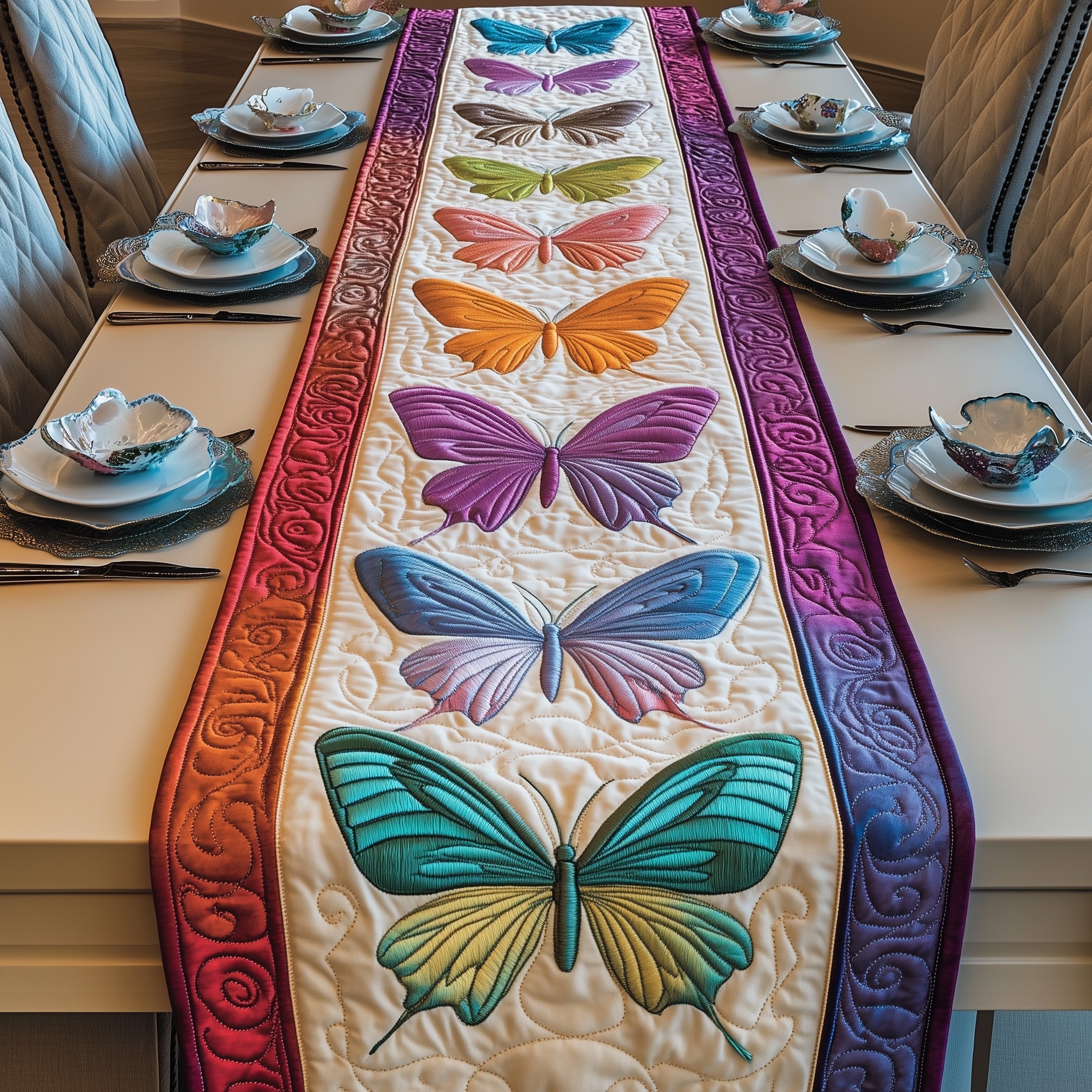 Rainbow Butterfly Quilted Table Runner Festive Christmas Dining Room Table Runner