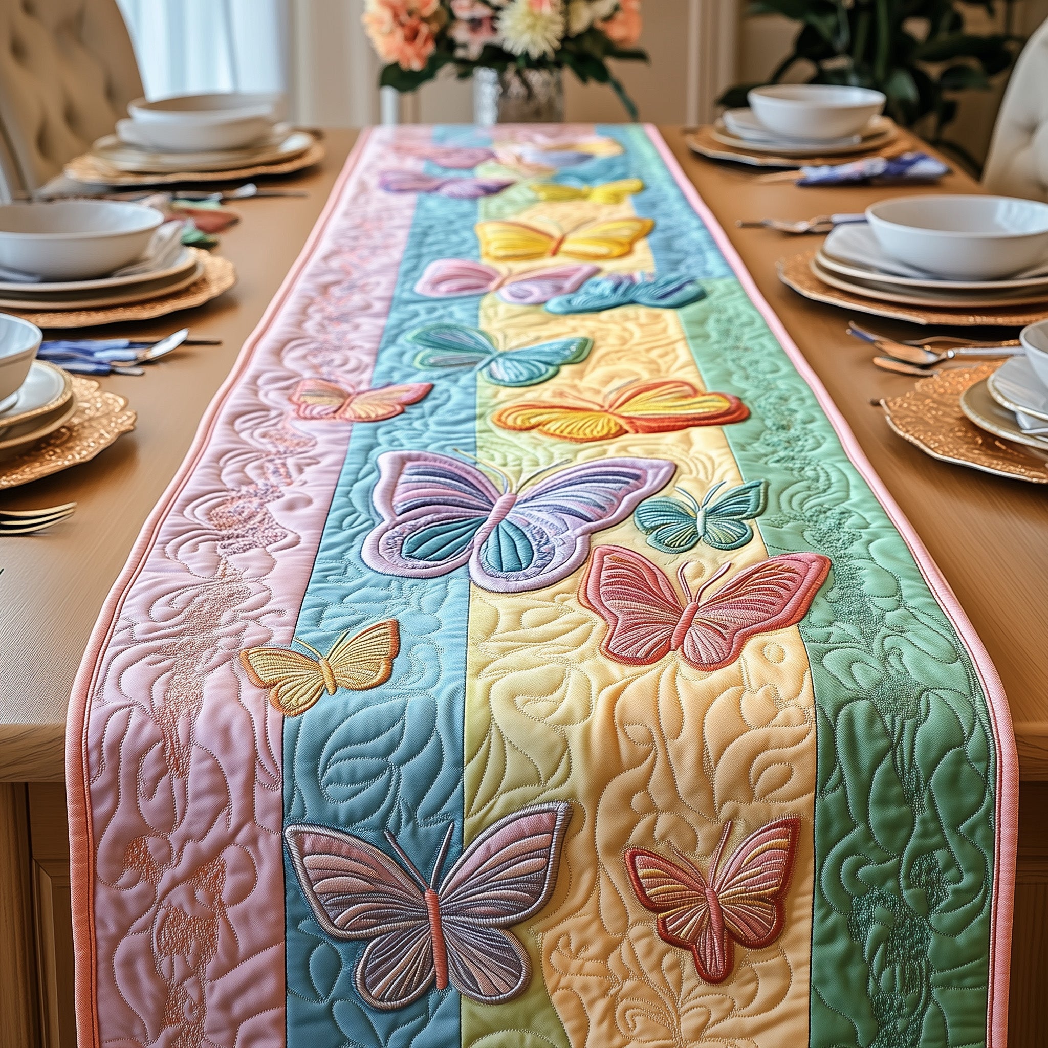Rainbow Butterfly Quilted Table Runner Holiday Season Table Runner