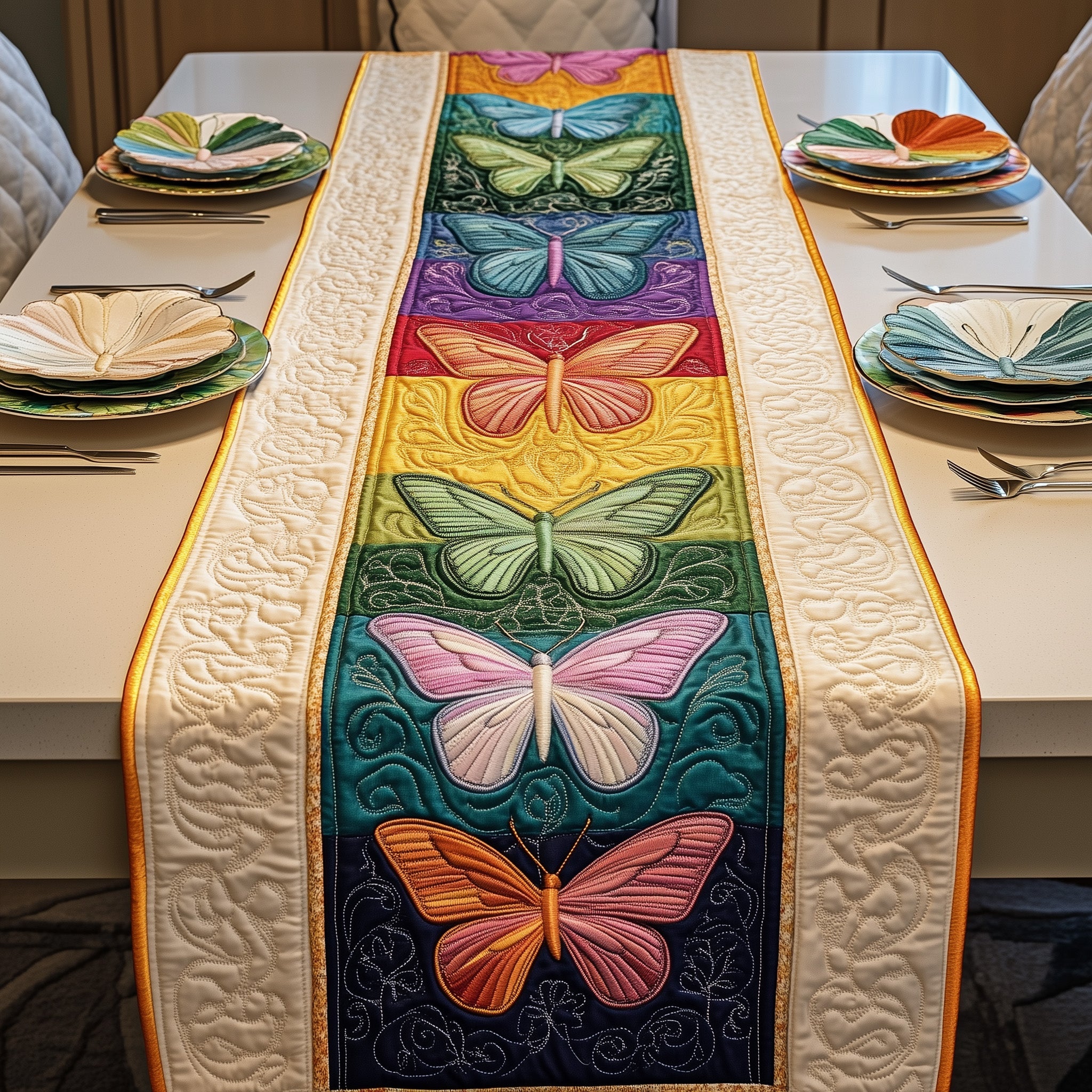 Rainbow Butterfly Quilted Table Runner Holiday Table Runner Decoration