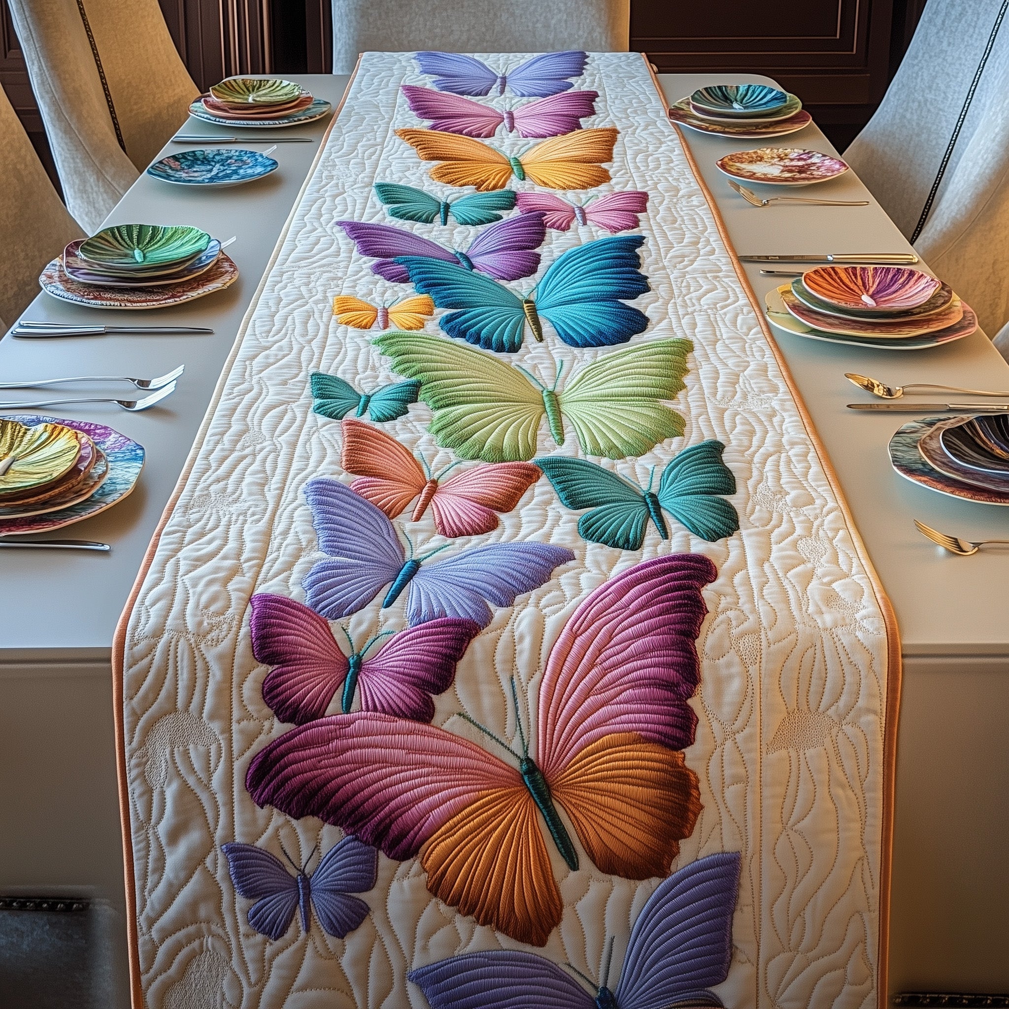 Rainbow Butterfly Quilted Table Runner Holiday Table Runner for Kitchen Decor