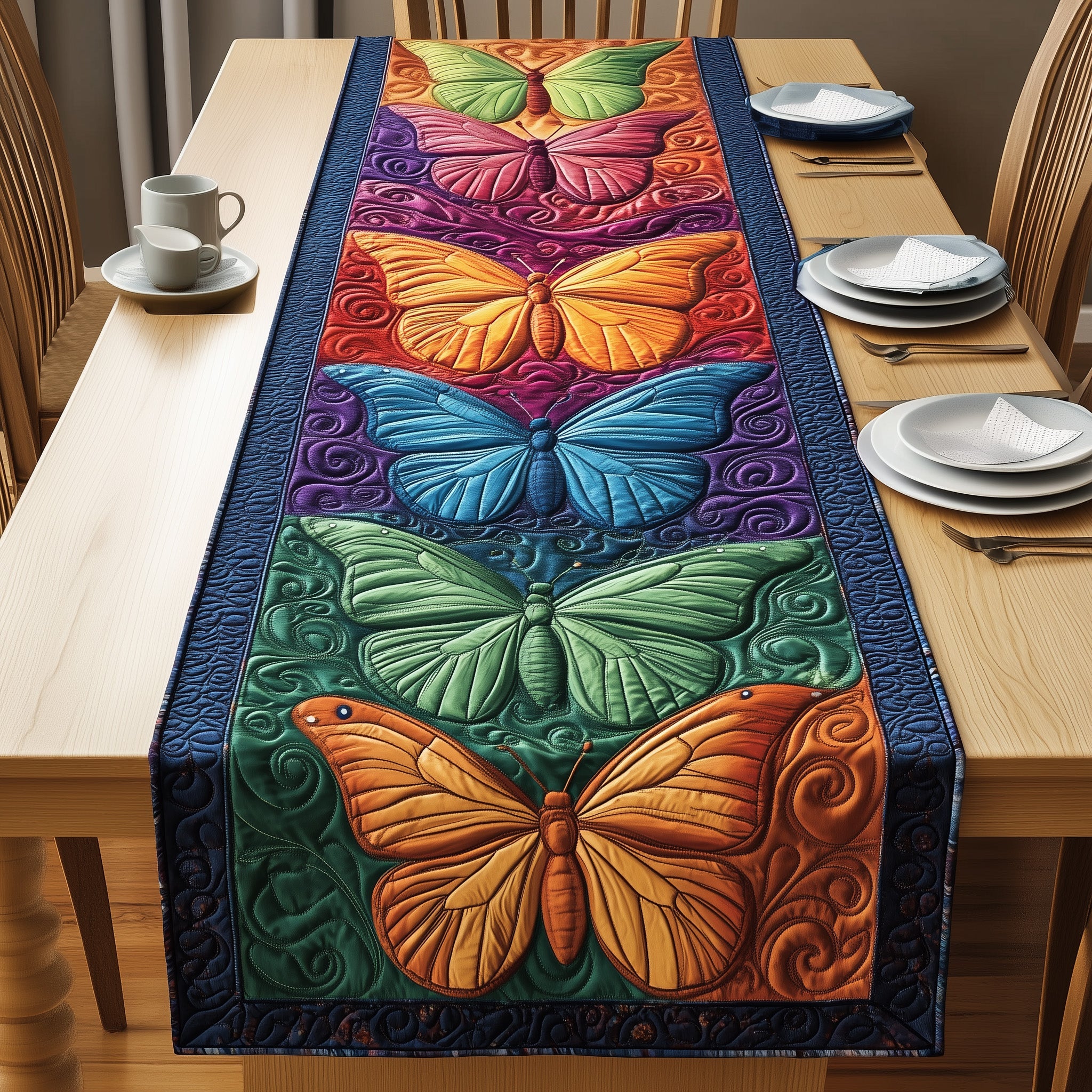Rainbow Butterfly Quilted Table Runner Holiday Table Runner Gift Idea