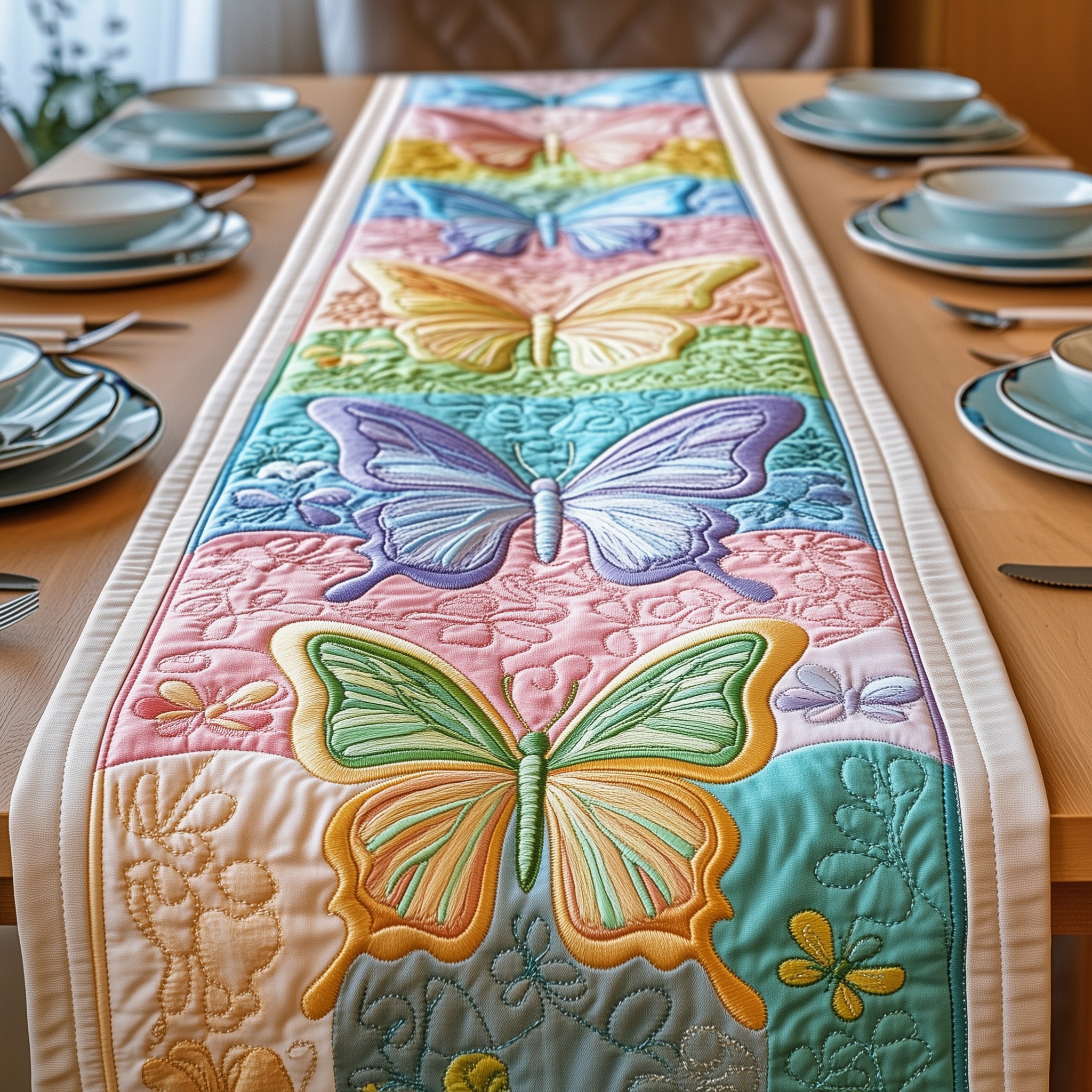 Rainbow Butterfly Quilted Table Runner Merry Christmas Table Runner Decor