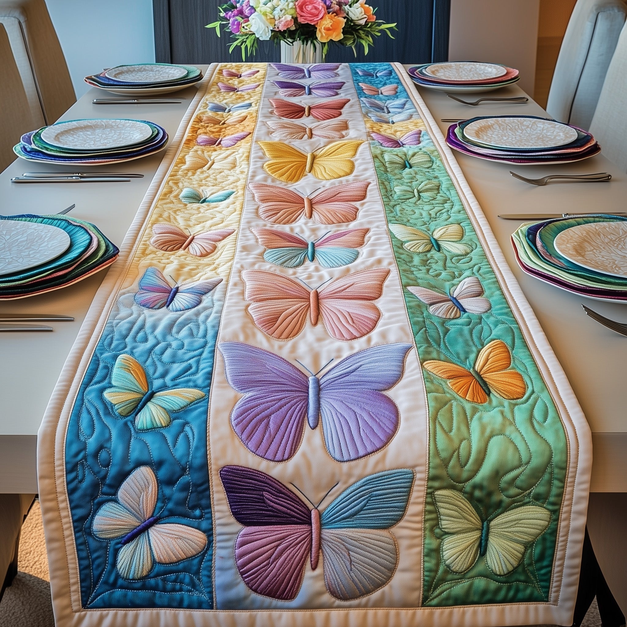 Rainbow Butterfly Quilted Table Runner Table Runner for Holiday Gatherings