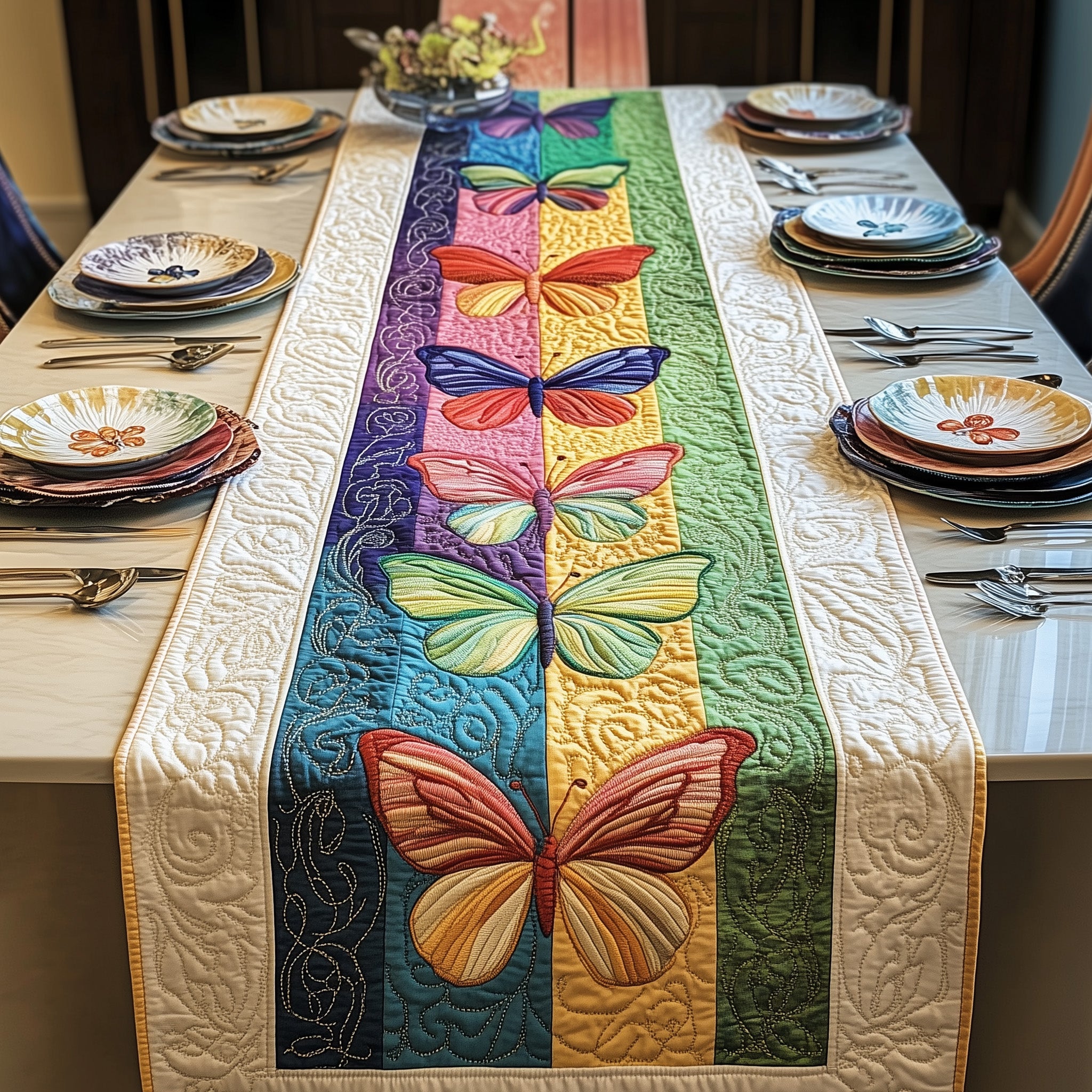 Rainbow Butterfly Quilted Table Runner Table Runner Gift for Holiday Season