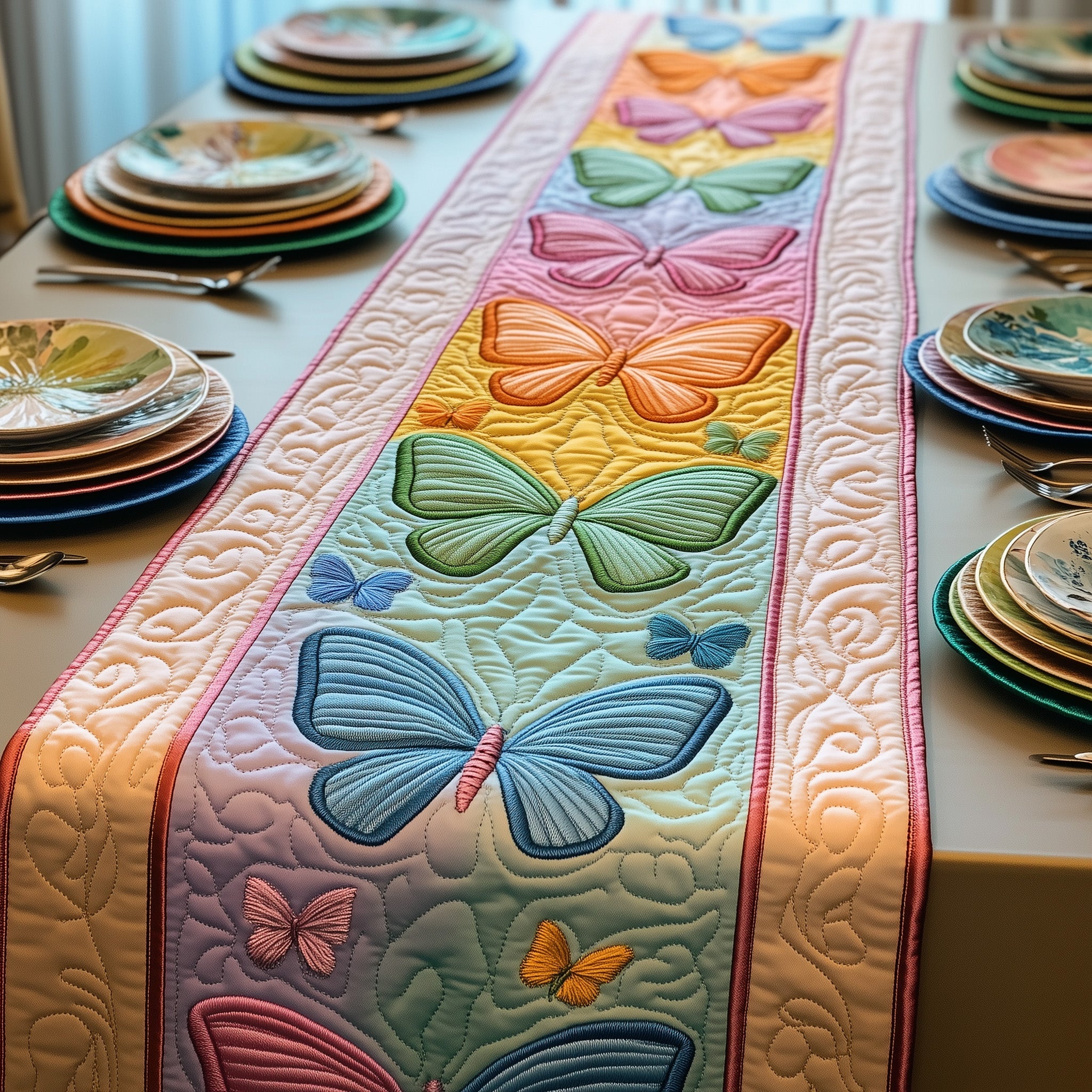 Rainbow Butterfly Quilted Table Runner Winter Holiday Table Runner Decor