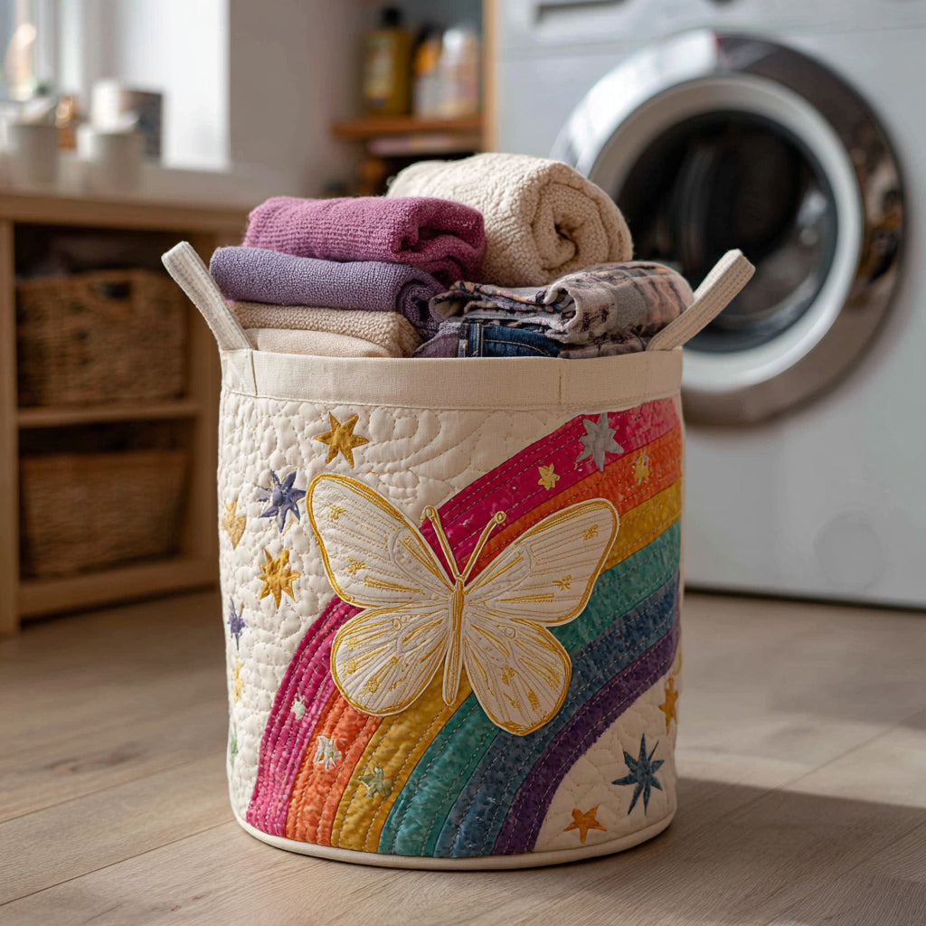 Rainbow Butterfly Starscape Quilted Laundry Basket Merch For Family Time