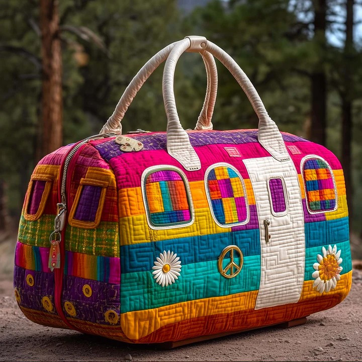Rainbow Camper Van Peace Sign Quilted Duffle Bag Hippie Travel Bag Best Gift For Camping Lovers