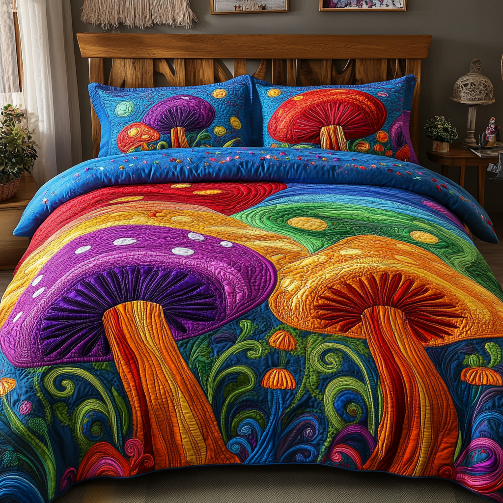 Rainbow Caps Quilted Bedding Set Christmas Duvet Cover Hippie Style Gifts