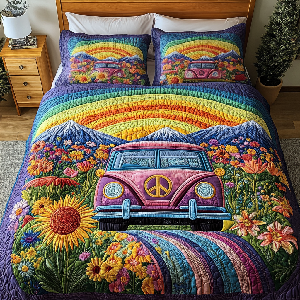 Rainbow Cruise Quilted Bedding Set Unique Bed Sheet Set Hippie Presents