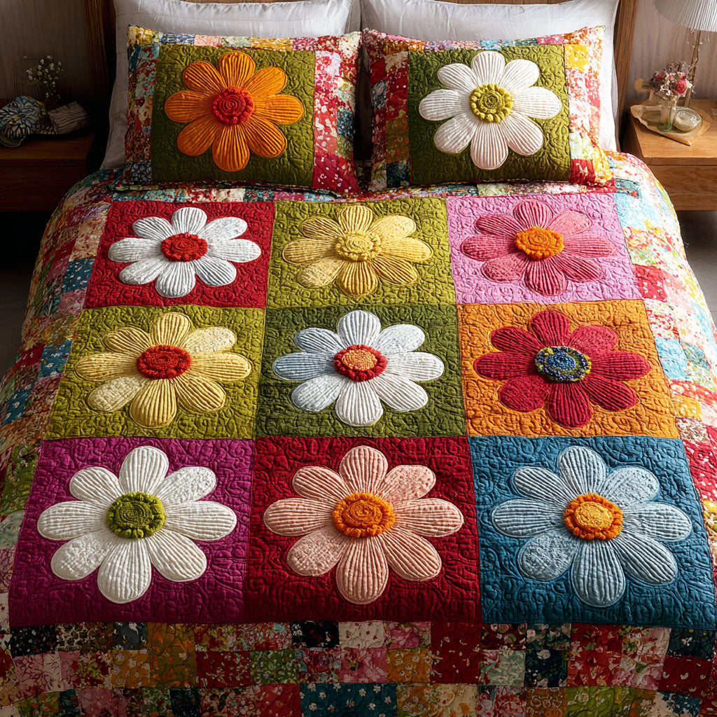 Rainbow Daisies Quilted Bedding Set Best Bedspread Set Flower Daisy Themed Gifts