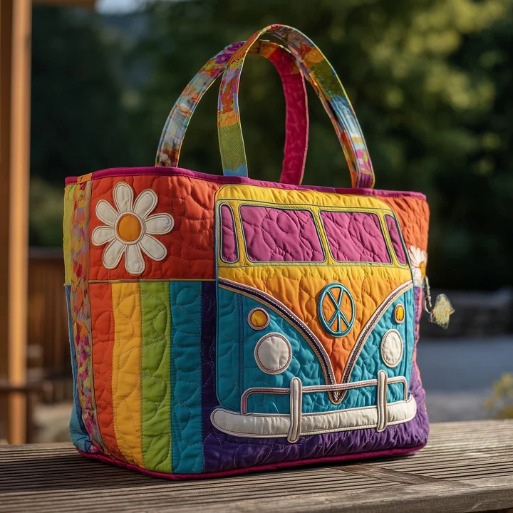 Rainbow Daisy Hippie Van Quilted Tote Bag Colorful Peace Bag Best Gift For Women