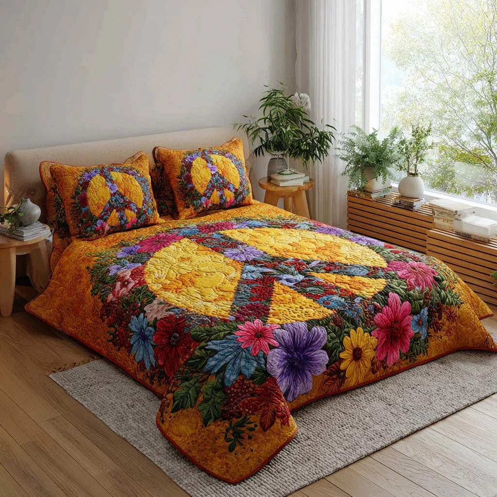 Rainbow Daisy Peace 3-Piece Quilted Bedding Set Hippie Boho Bedspread Best Gift Ideas For Her