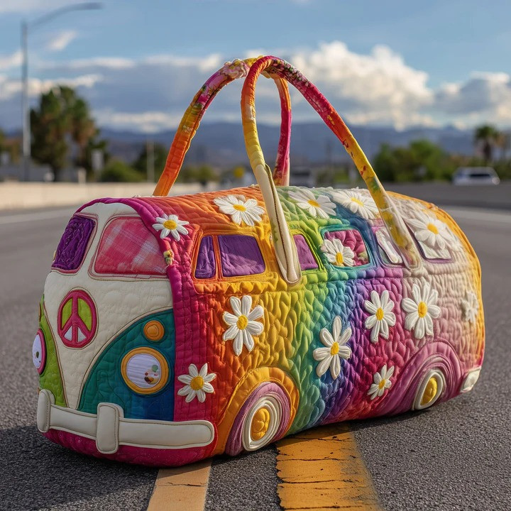 Rainbow Daisy VW Bus Quilted Duffle Bag Boho Travel Bag Best Gift For Hippie Lovers