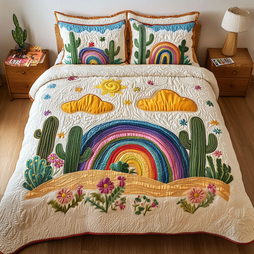 Rainbow Desert Quilted Bedding Set Cute Room Decor Succulent Gift For Him Her