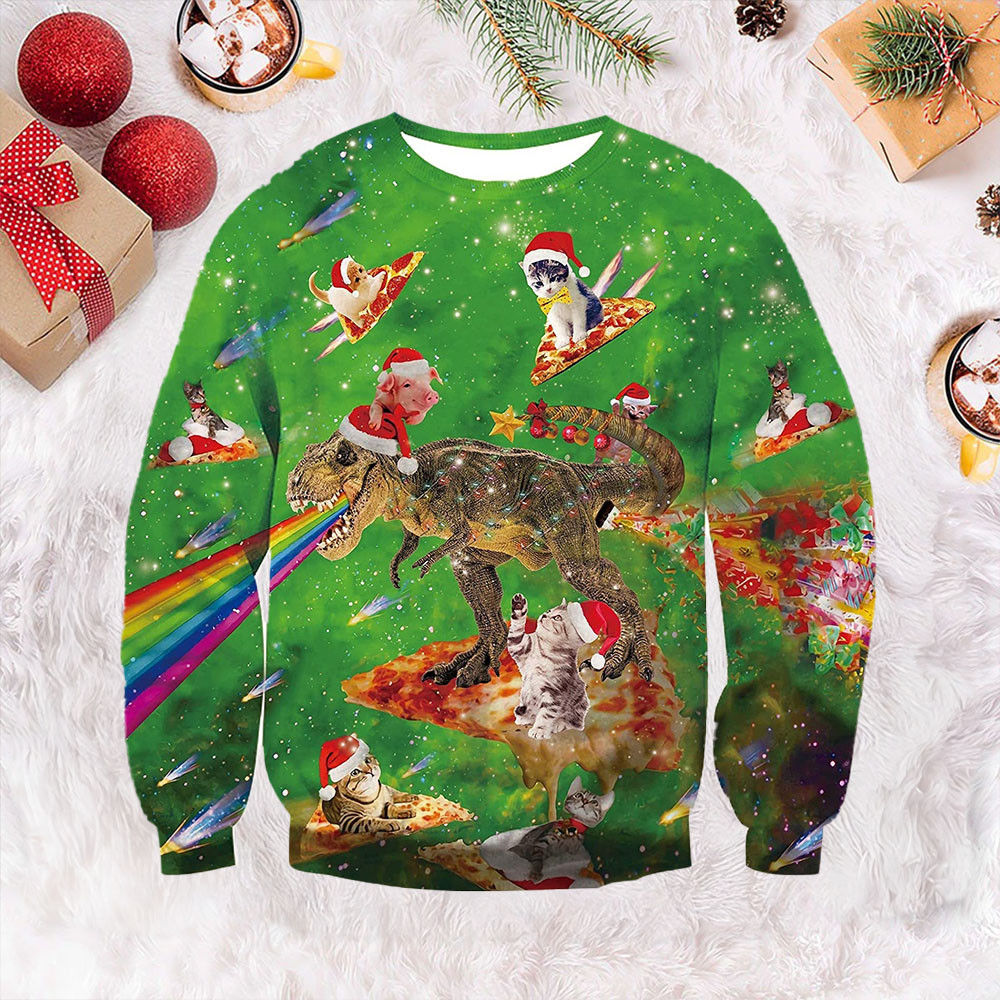 Rainbow Dinosaur Pizza Cat Ugly Christmas Sweater Pretty Holiday Sweaters Gifts For Dudes