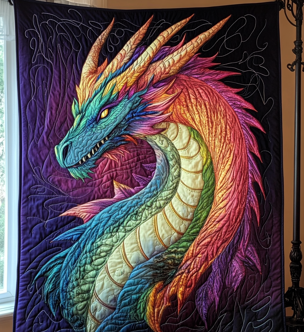 Rainbow Dragon Quilted Blanket Gift For Dragon Lover