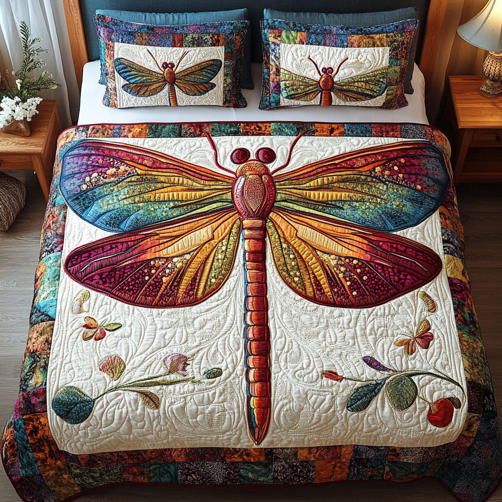 Rainbow Dragonfly Quilted Bedding Set Luxury Duvet Cover Set for Elegant Bedroom Decor