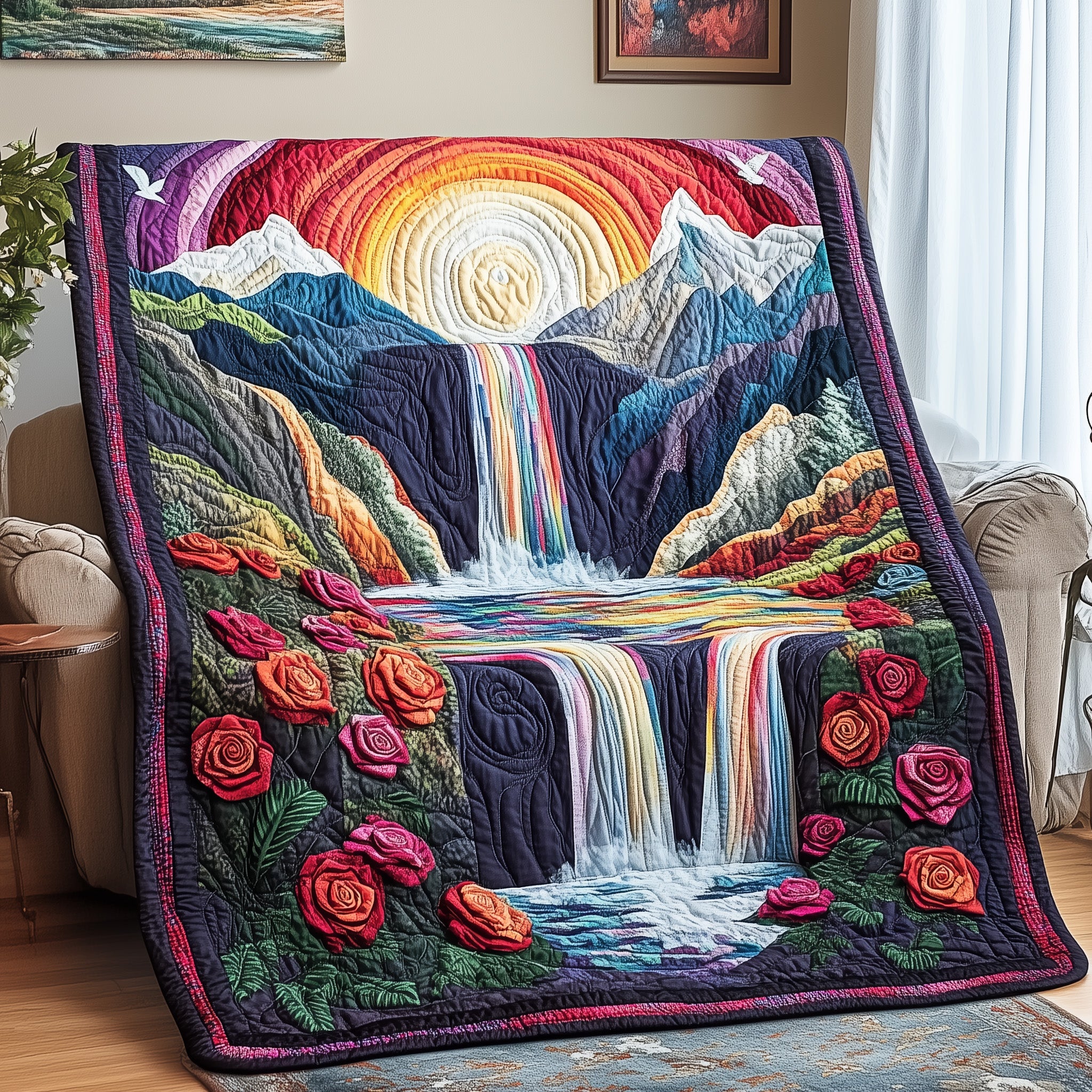 Rainbow Falls of Dreams Quilted Blanket Merchandise Throw BlanketGifts For Daughters Boyfriend