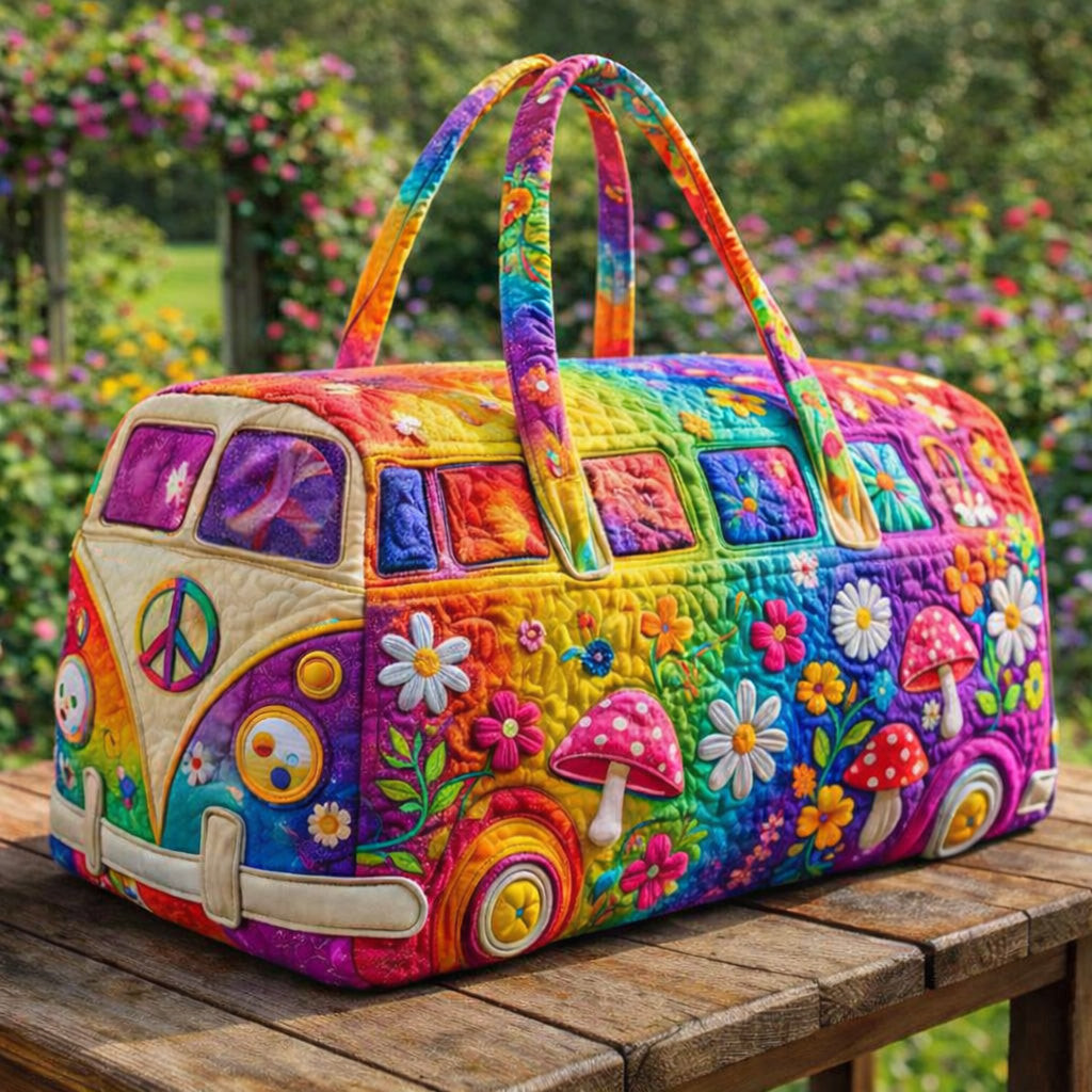 Rainbow Flower Van Quilted Duffle Bag Retro Hippie Peace Mushroom Travel Bag Best Gift For Hippie Lovers
