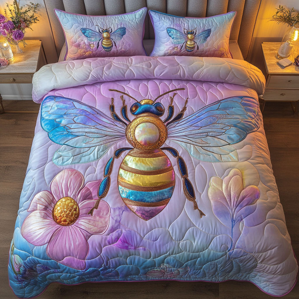 Rainbow Glow Bee Quilted Bedding Set Unique Bed Sheet Set Bee Gifts For Women