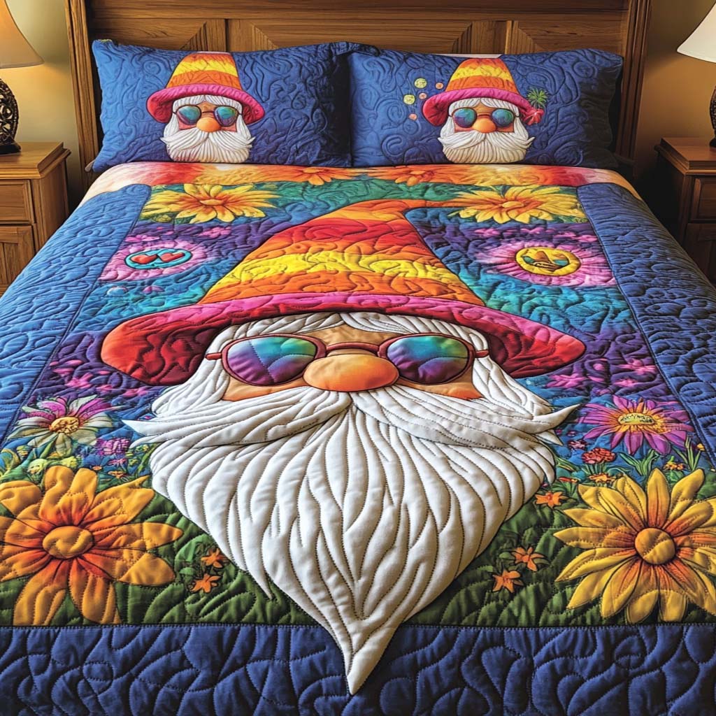 Rainbow Gnome Bliss Quilted Bedding Set Cozy Bedroom Decor Hippie Gifts Ideas For Her