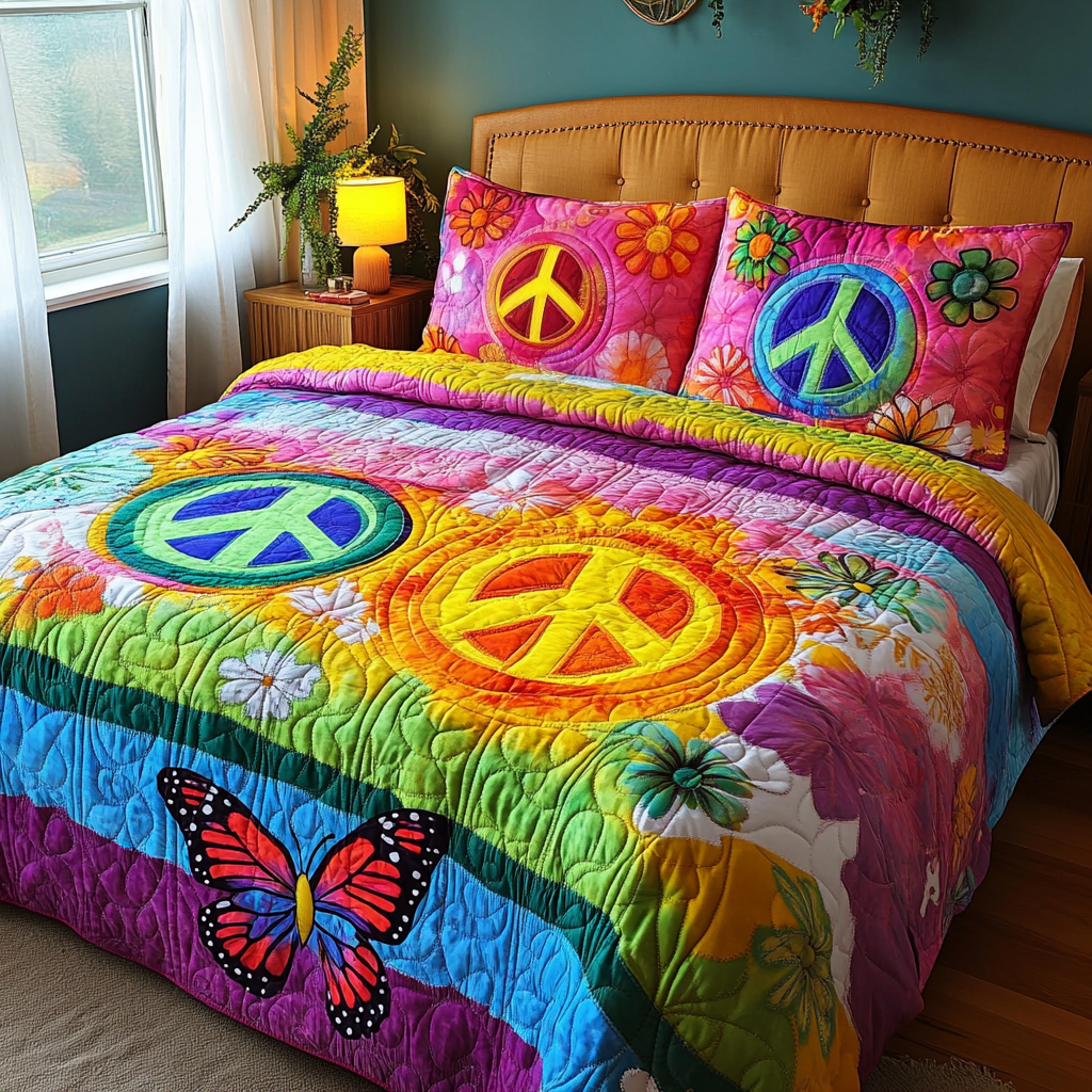 Rainbow Groove Quilted Bedding Set Cozy Bedroom Decor Gifts For Hippie Boyfriend