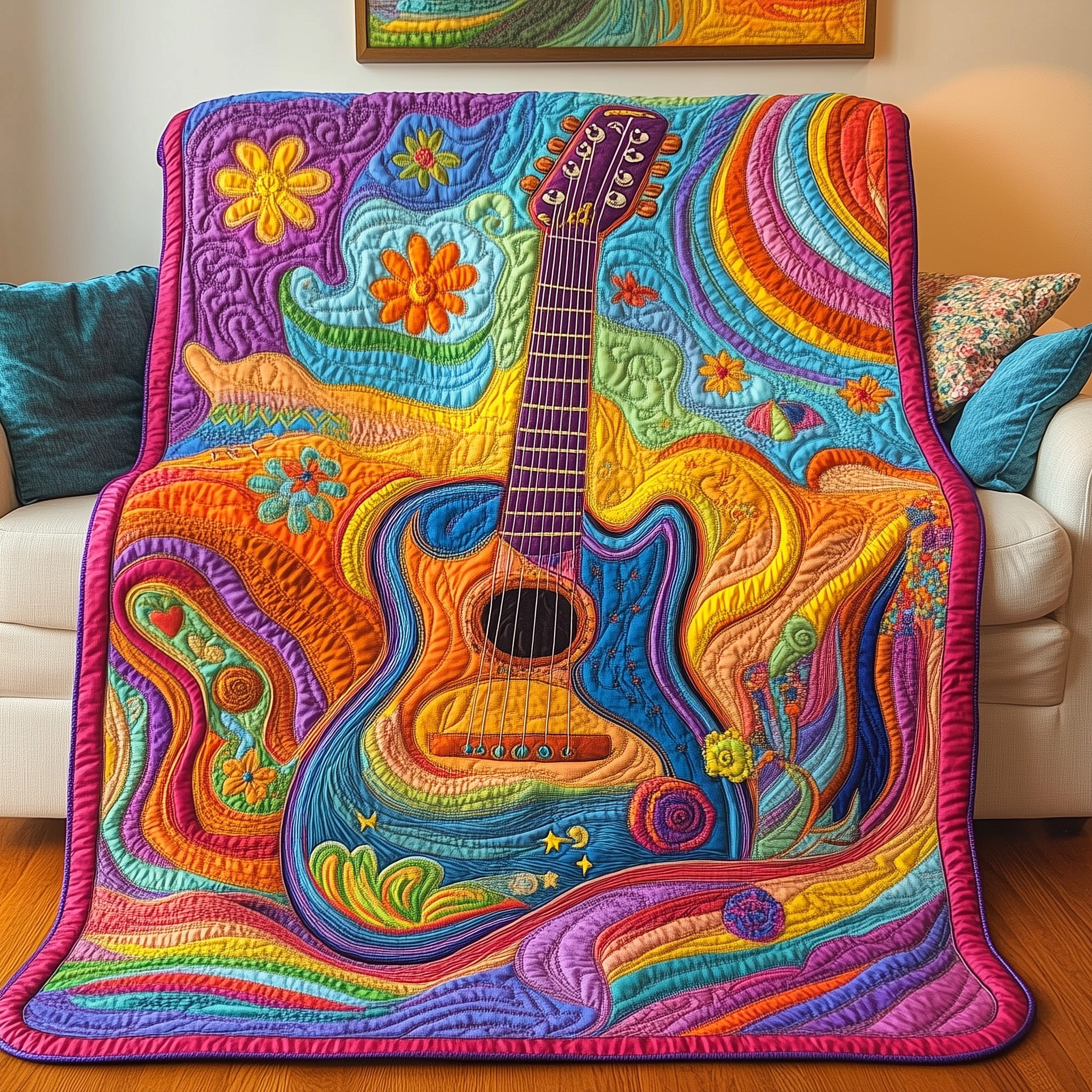 Rainbow Guitar Quilted Blanket Cute Soft BlanketCool Gifts For Guitar Players