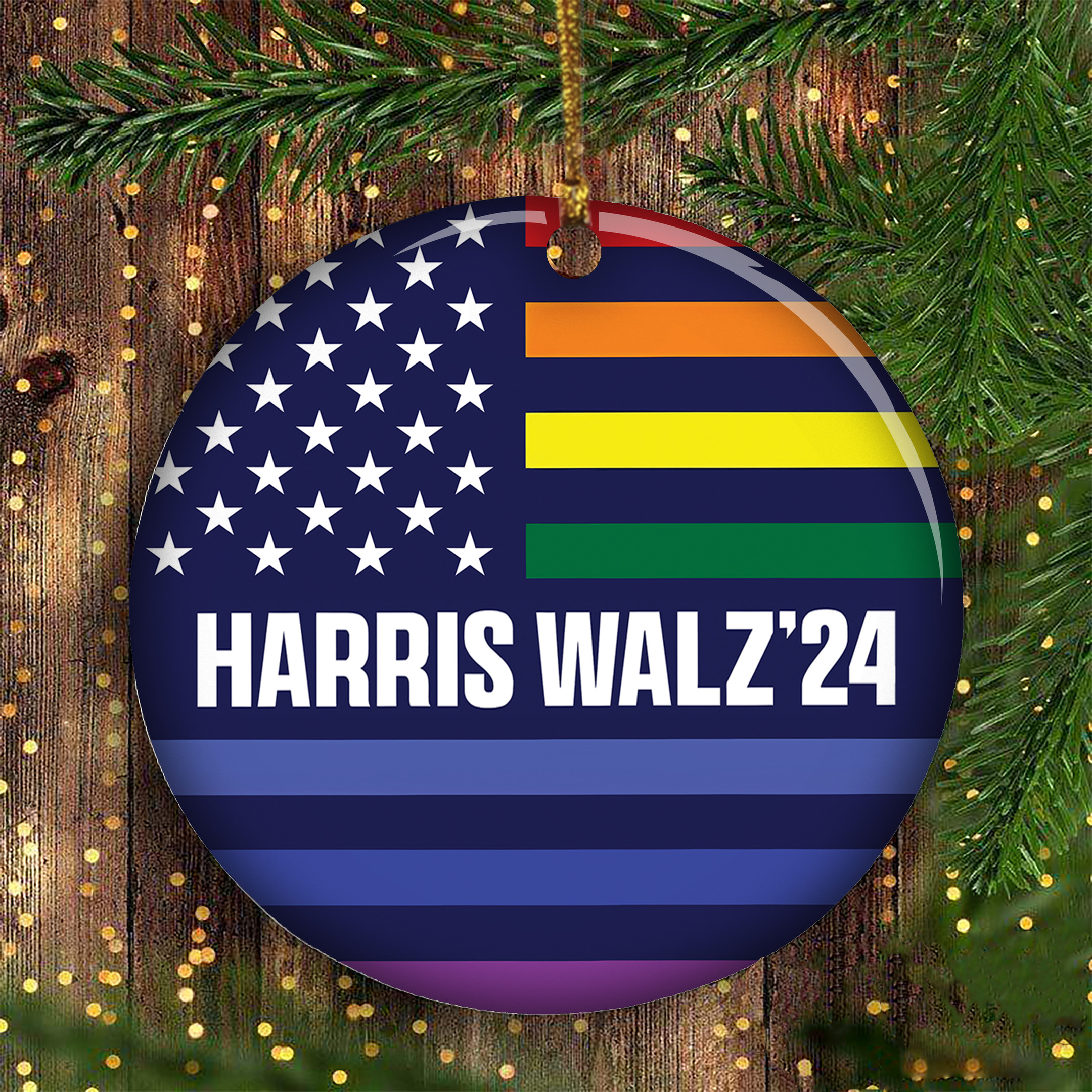 Rainbow Harris Walz Ornament Harris Walz For President VP Political Christmas Ornament