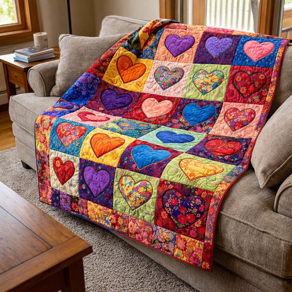 Rainbow Heart Patchwork Quilted Blanket Colorful Love Apparel Best Gift For Her Women