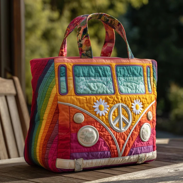 Rainbow Hippie Van Quilted Tote Bag Daisy Peace Sign Bag Best Gift For Women