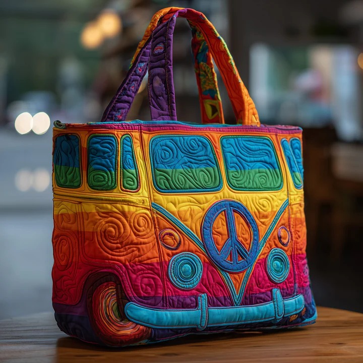 Rainbow Hippie Van Quilted Tote Bag Peace Love Groovy Bag Best Gift For Women