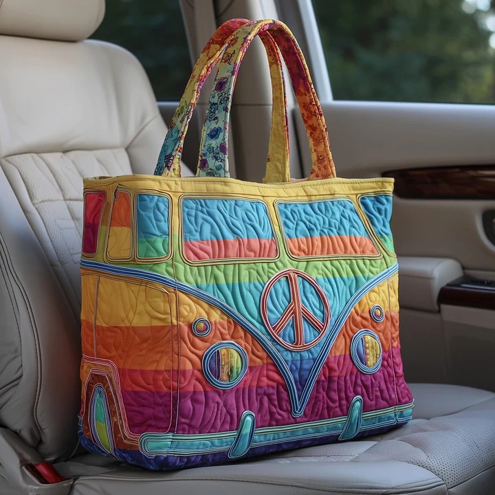 Rainbow Hippie Van Quilted Tote Bag Tie Dye Peace Sign Bag Best Gift For Women